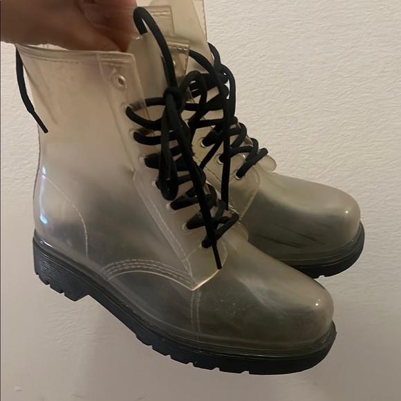 Black Combat Boots with Translucent Design and Rounded Toe - Picture 2 of 5